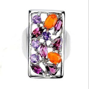 Natural Orange Opal, Amethyst,‎ Rhodolite 925 Sterling Silver Ring Sz 7.5